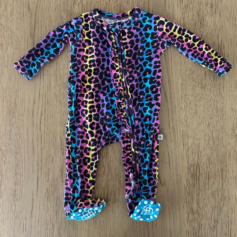 Bums & Roses Baby Bamboo Ruffle Zippy Cheetah Rainbow Print Newborn
